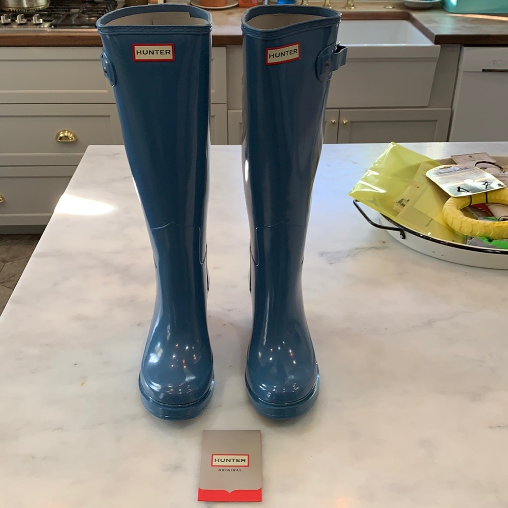 Hunter Rain Boots wedge heel rare blue gloss color